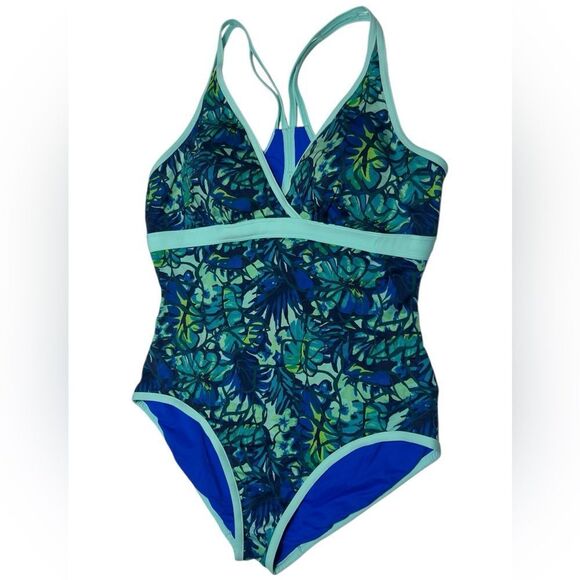 L.L. Bean UPF 50+ Swimsuit Green and Blue Floral One Piece Swimsuit Flowers 14 - Picture 1 of 8